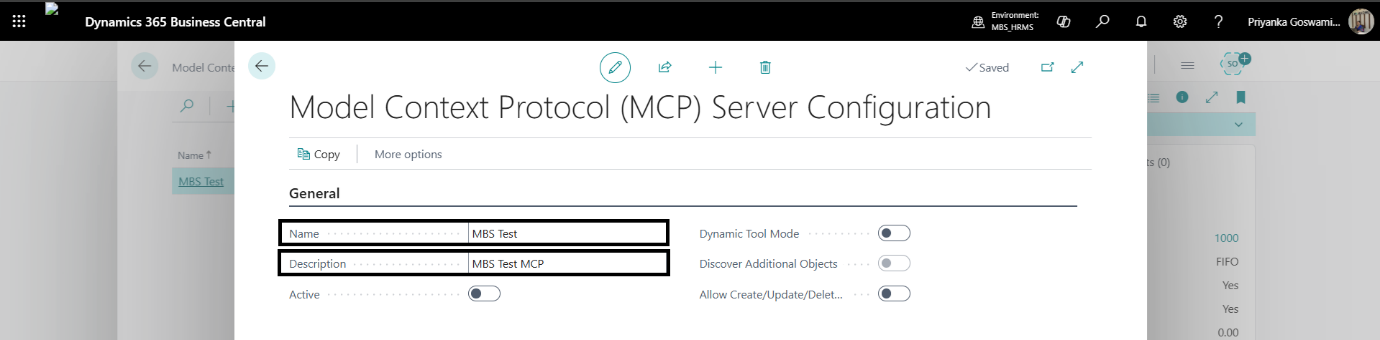 Provide MCP Configuration Name and Description