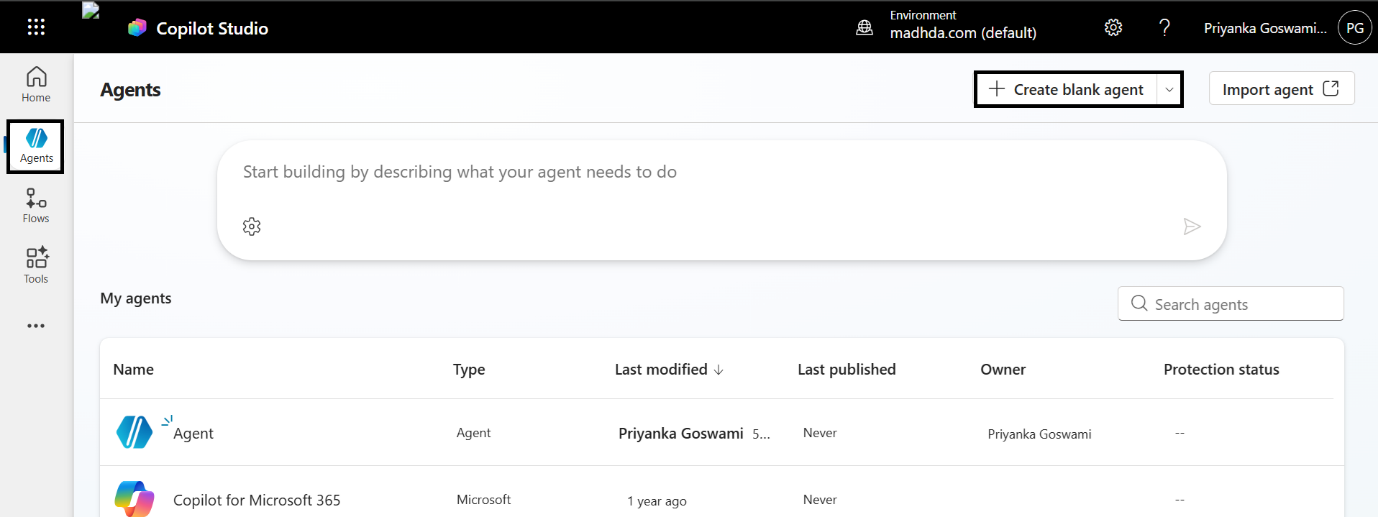 Sign in to Copilot Studio and Create Agent